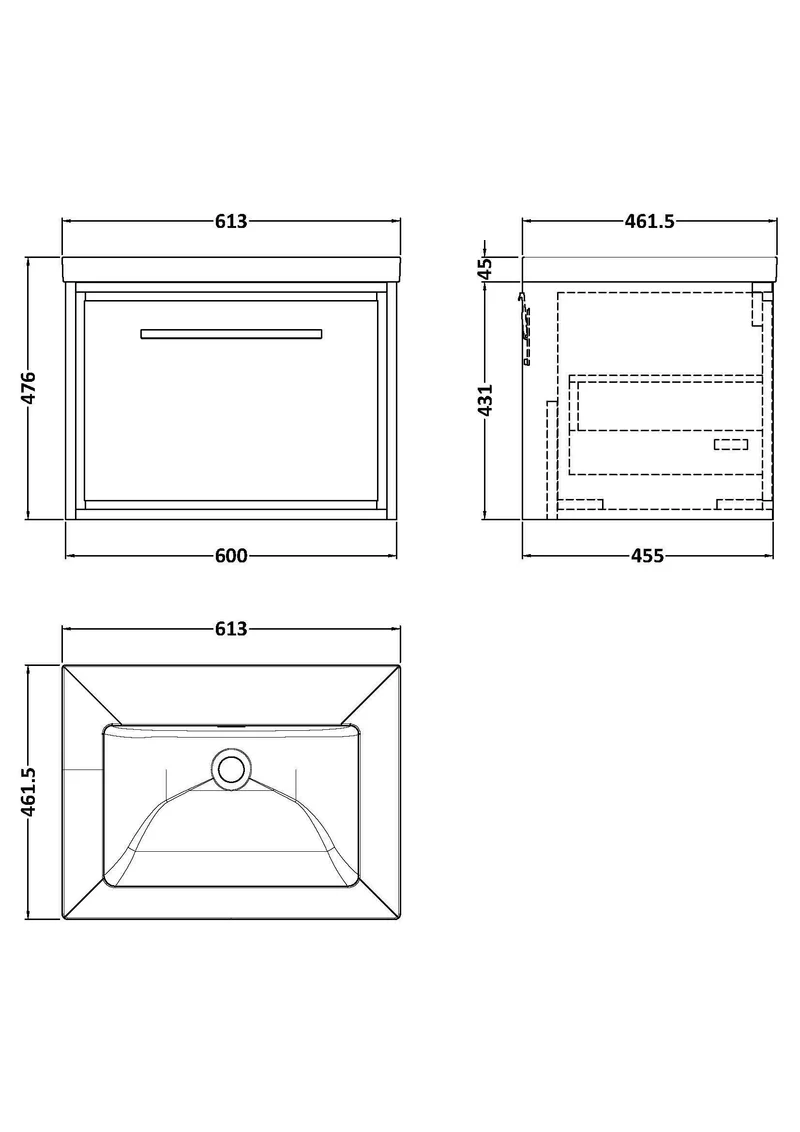 Lille 600mm Wall Hung 1 Drawer Vanity Unit & Modern Fireclay Basin With No Tap Holes - Bleached Oak Woodgrain