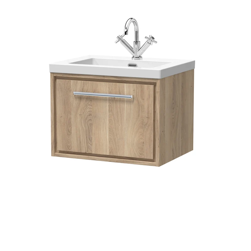 Lille 600mm Wall Hung 1 Drawer Vanity Unit & Modern Fireclay Basin With 1 Tap Hole - Bleached Oak Woodgrain