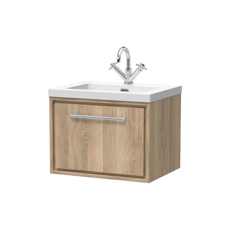 Lille 600mm Wall Hung 1 Drawer Vanity Unit & Modern Fireclay Basin With 1 Tap Hole - Bleached Oak Woodgrain