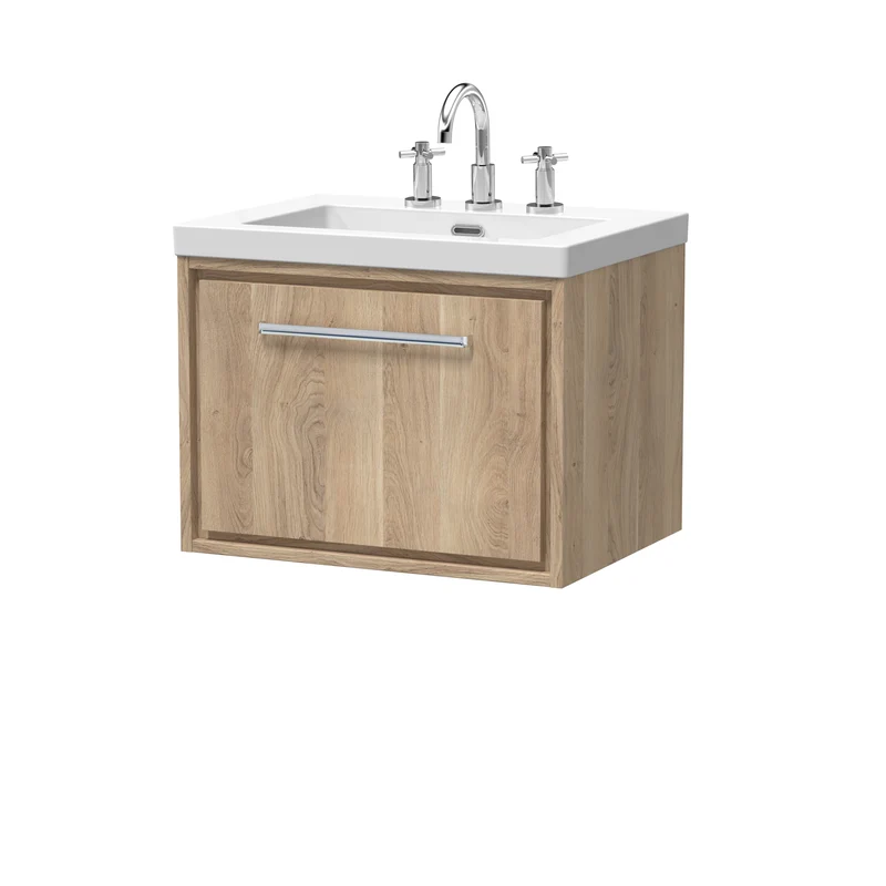 Lille 600mm Wall Hung 1 Drawer Vanity Unit & Modern Fireclay Basin With 3 Tap Holes - Bleached Oak Woodgrain