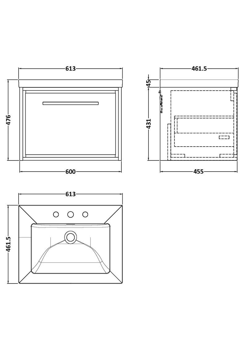 Lille 600mm Wall Hung 1 Drawer Vanity Unit & Modern Fireclay Basin With 3 Tap Holes - Bleached Oak Woodgrain
