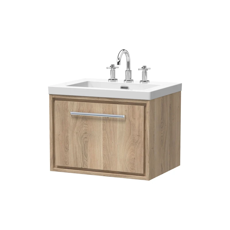 Lille 600mm Wall Hung 1 Drawer Vanity Unit & Modern Fireclay Basin With 3 Tap Holes - Bleached Oak Woodgrain
