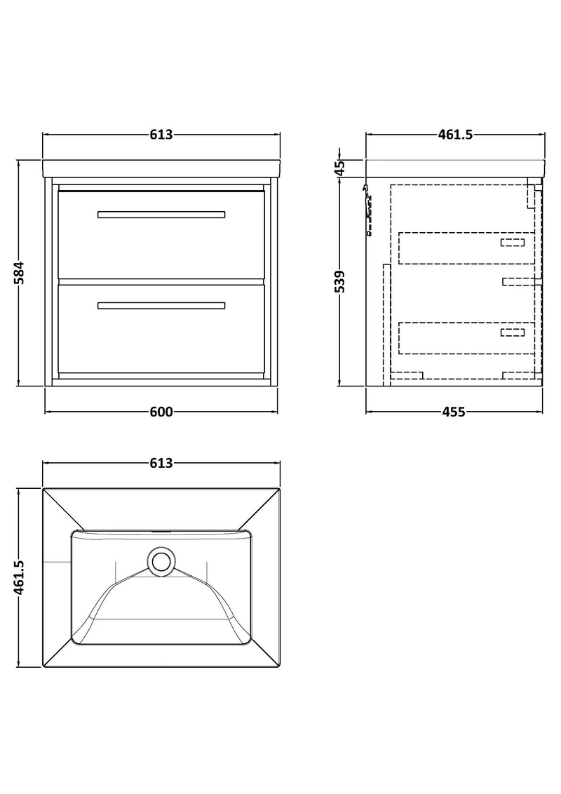 Lille 600mm Wall Hung 2 Drawer Vanity Unit & Modern Fireclay Basin With No Tap Holes - Bleached Oak Woodgrain