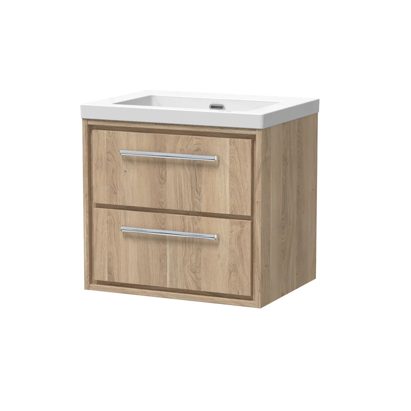 Lille 600mm Wall Hung 2 Drawer Vanity Unit & Modern Fireclay Basin With No Tap Holes - Bleached Oak Woodgrain