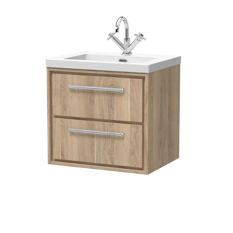 Lille 600mm Wall Hung 2 Drawer Vanity Unit & Modern Fireclay Basin With 1 Tap Hole - Bleached Oak Woodgrain