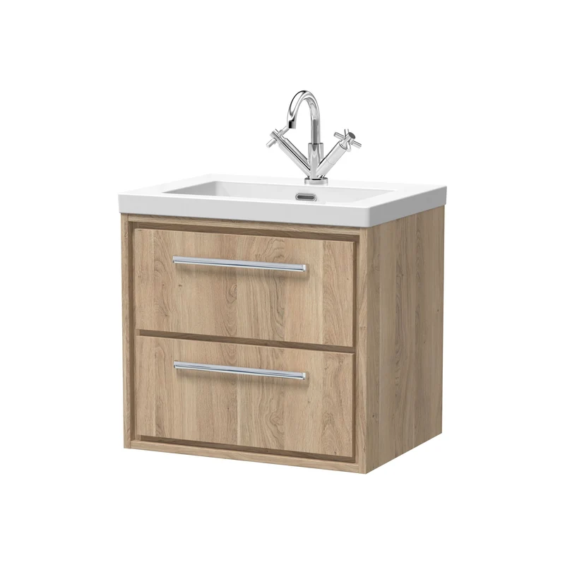 Lille 600mm Wall Hung 2 Drawer Vanity Unit & Modern Fireclay Basin With 1 Tap Hole - Bleached Oak Woodgrain