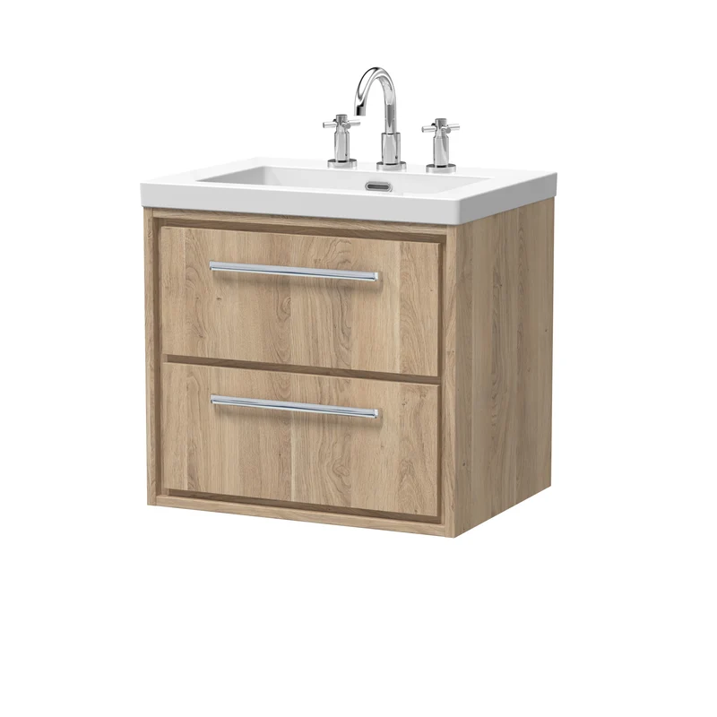 Lille 600mm Wall Hung 2 Drawer Vanity Unit & Modern Fireclay Basin With 3 Tap Holes - Bleached Oak Woodgrain