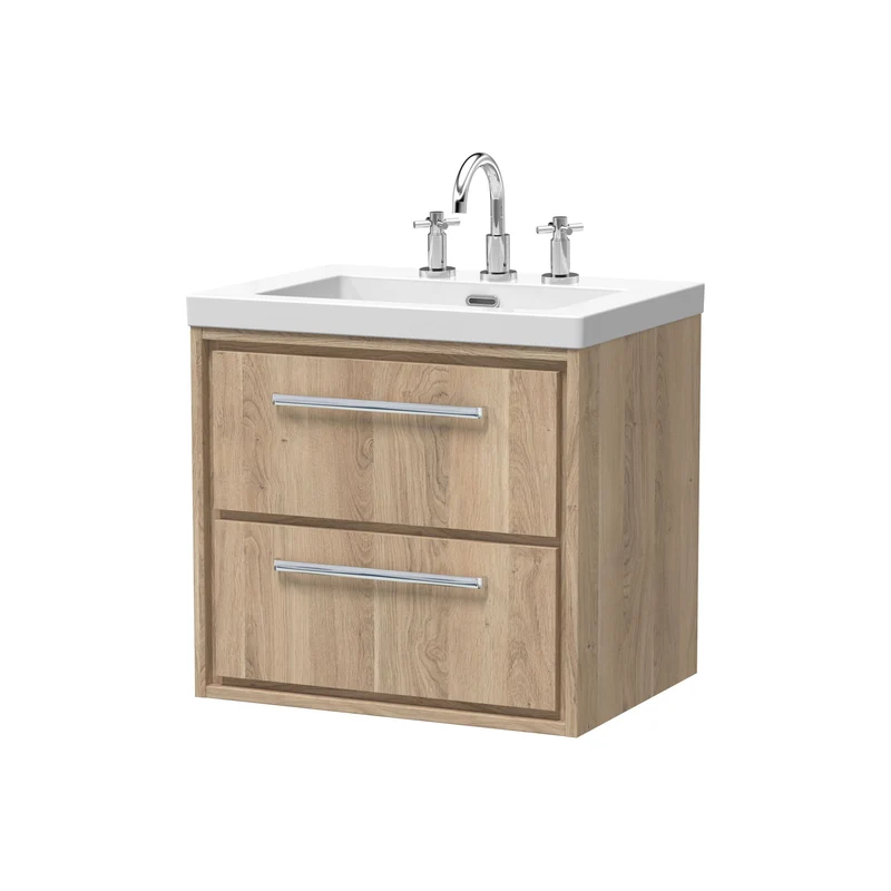 Lille 600mm Wall Hung 2 Drawer Vanity Unit & Modern Fireclay Basin With 3 Tap Holes - Bleached Oak Woodgrain