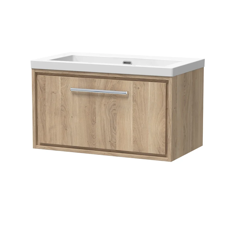 Lille 800mm Wall Hung 1 Drawer Vanity Unit & Modern Fireclay Basin With No Tap Holes - Bleached Oak Woodgrain