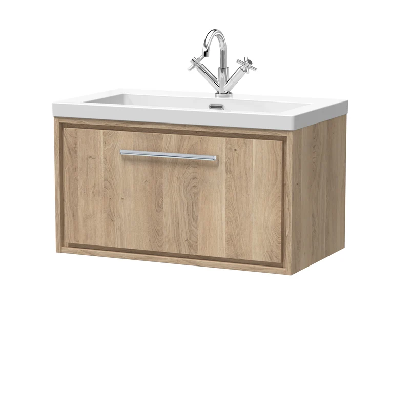 Lille 800mm Wall Hung 1 Drawer Vanity Unit & Modern Fireclay Basin With 1 Tap Hole - Bleached Oak Woodgrain