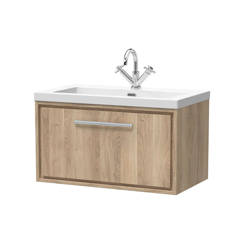 Lille 800mm Wall Hung 1 Drawer Vanity Unit & Modern Fireclay Basin With 1 Tap Hole - Bleached Oak Woodgrain