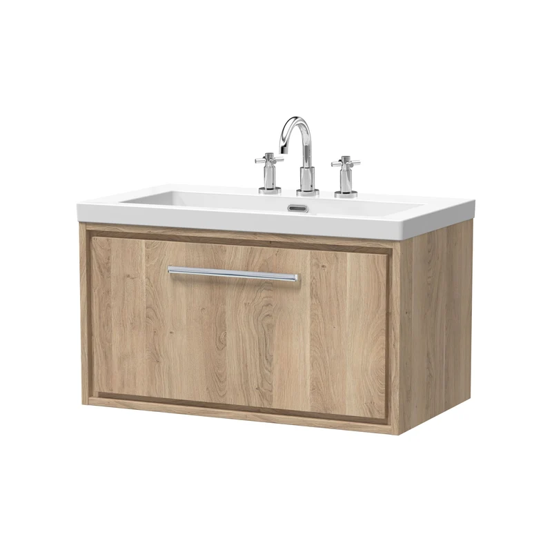 Lille 800mm Wall Hung 1 Drawer Vanity Unit & Modern Fireclay Basin With 3 Tap Holes - Bleached Oak Woodgrain