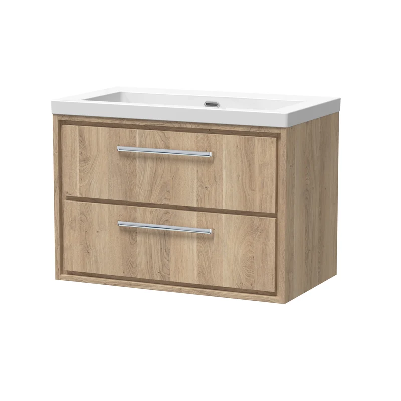 Lille 800mm Wall Hung 2 Drawer Vanity Unit & Modern Fireclay Basin With No Tap Holes - Bleached Oak Woodgrain
