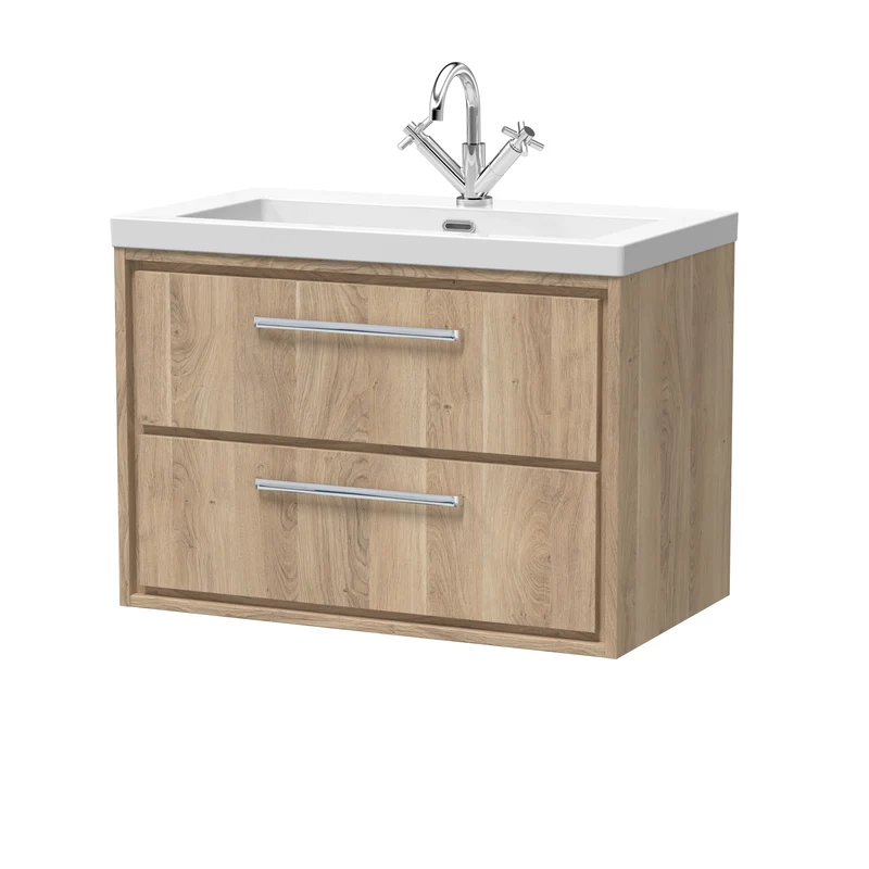 Lille 800mm Wall Hung 2 Drawer Vanity Unit & Modern Fireclay Basin With 1 Tap Hole - Bleached Oak Woodgrain