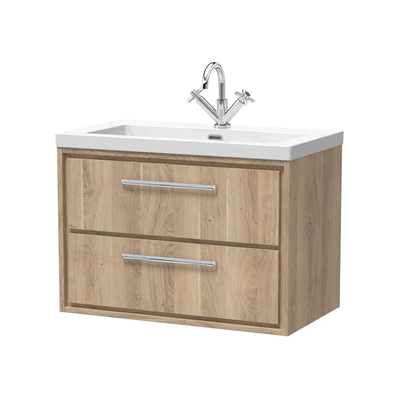 Lille 800mm Wall Hung 2 Drawer Vanity Unit & Modern Fireclay Basin With 1 Tap Hole - Bleached Oak Woodgrain