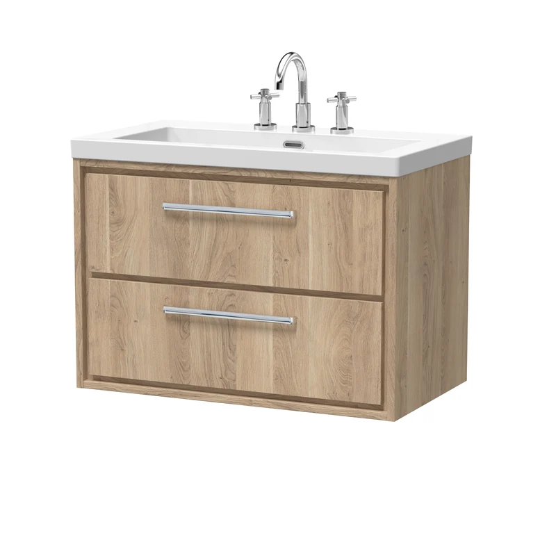 Lille 800mm Wall Hung 2 Drawer Vanity Unit & Modern Fireclay Basin With 3 Tap Holes - Bleached Oak Woodgrain