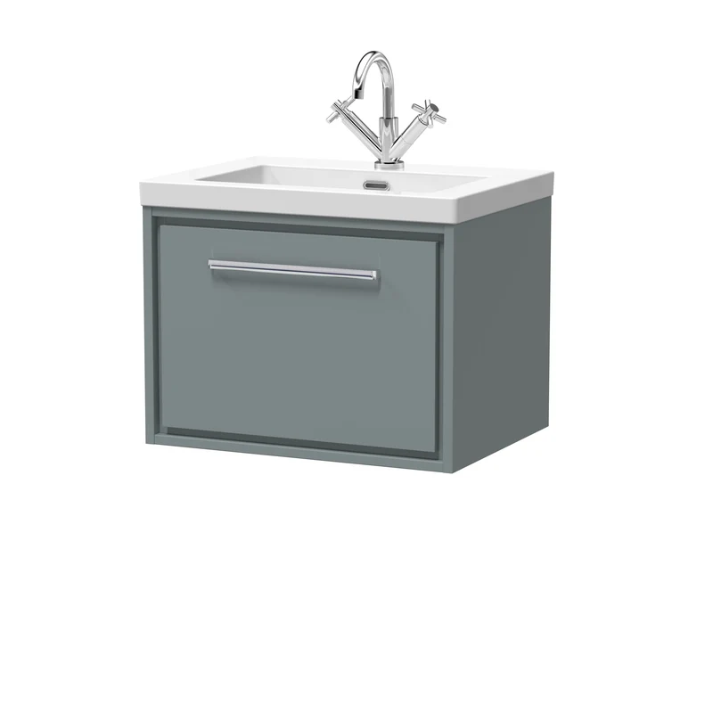 Lille 600mm Wall Hung 1 Drawer Vanity Unit & Modern Fireclay Basin With 1 Tap Hole - Coastal Grey Matt