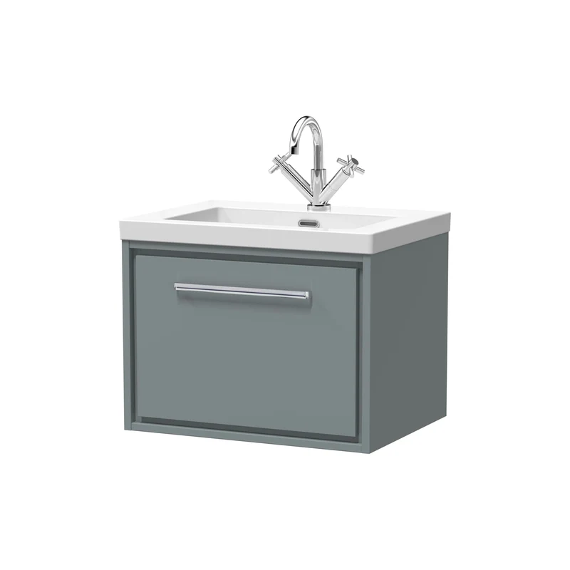 Lille 600mm Wall Hung 1 Drawer Vanity Unit & Modern Fireclay Basin With 1 Tap Hole - Coastal Grey Matt