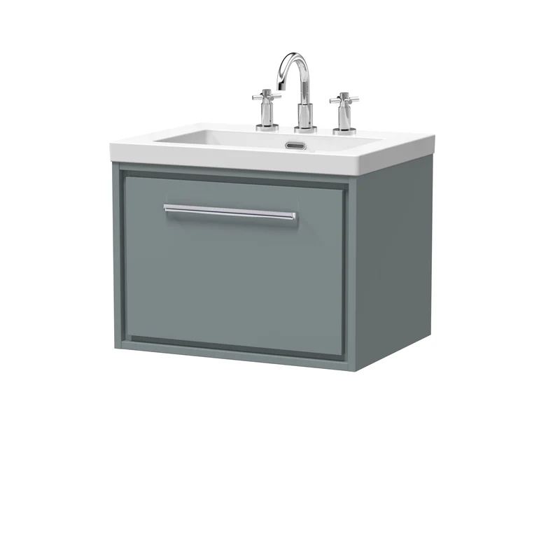 Lille 600mm Wall Hung 1 Drawer Vanity Unit & Modern Fireclay Basin With 3 Tap Holes - Coastal Grey Matt