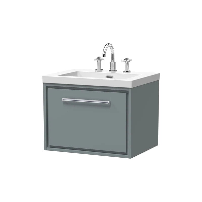 Lille 600mm Wall Hung 1 Drawer Vanity Unit & Modern Fireclay Basin With 3 Tap Holes - Coastal Grey Matt