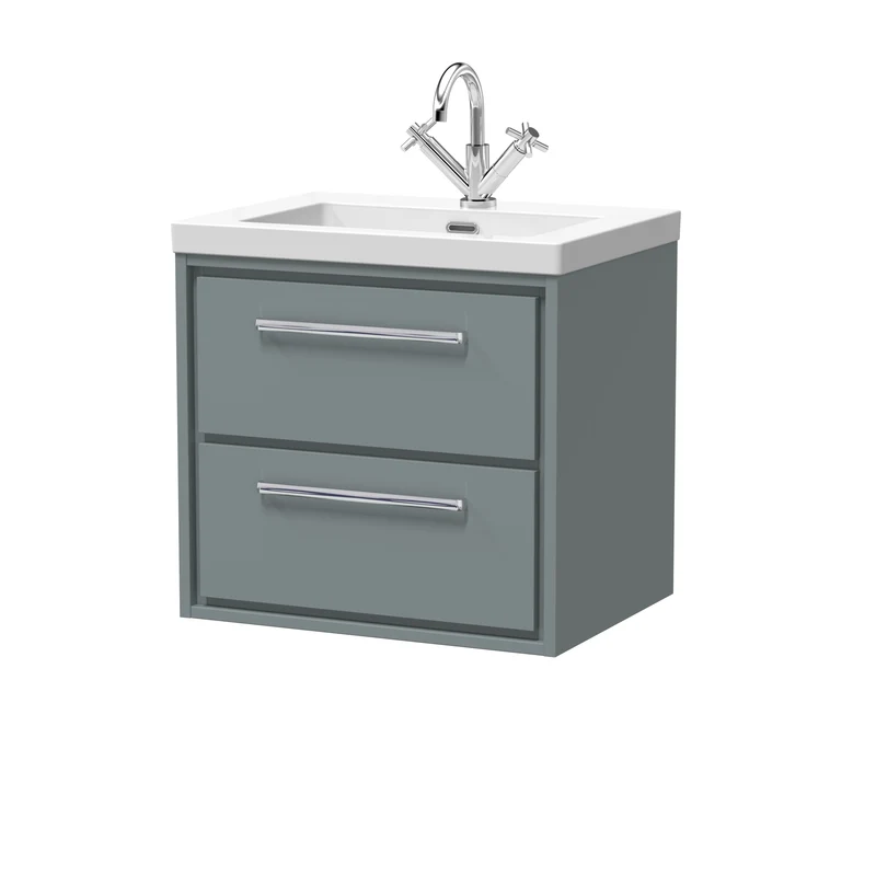 Lille 600mm Wall Hung 2 Drawer Vanity Unit & Modern Fireclay Basin With 1 Tap Hole - Coastal Grey Matt