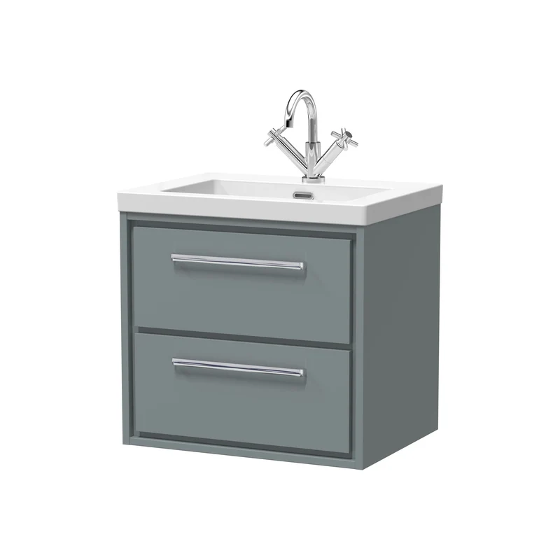 Lille 600mm Wall Hung 2 Drawer Vanity Unit & Modern Fireclay Basin With 1 Tap Hole - Coastal Grey Matt