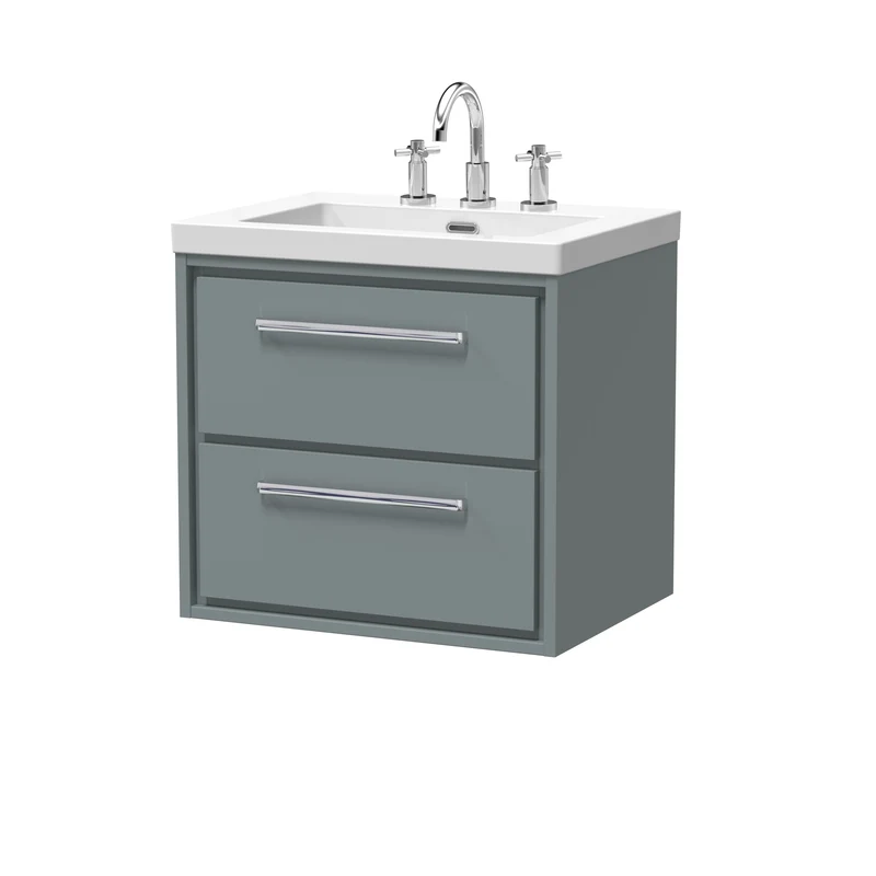 Lille 600mm Wall Hung 2 Drawer Vanity Unit & Modern Fireclay Basin With 3 Tap Holes - Coastal Grey Matt