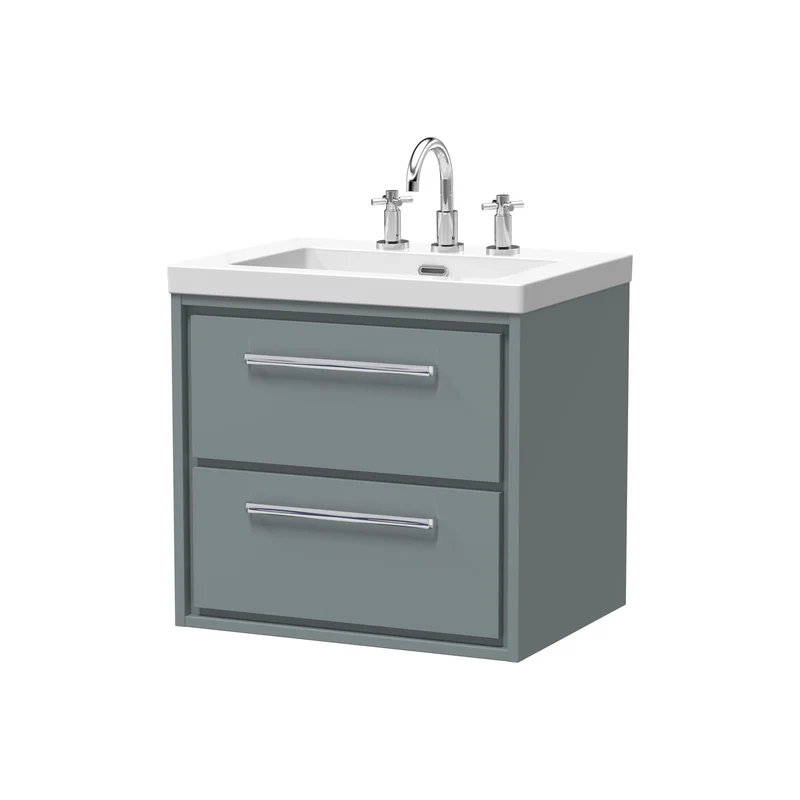 Lille 600mm Wall Hung 2 Drawer Vanity Unit & Modern Fireclay Basin With 3 Tap Holes - Coastal Grey Matt