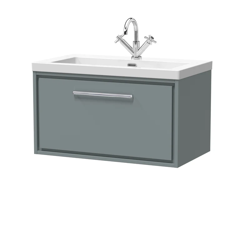 Lille 800mm Wall Hung 1 Drawer Vanity Unit & Modern Fireclay Basin With 1 Tap Hole - Coastal Grey Matt