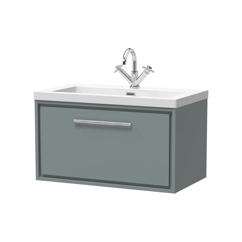 Lille 800mm Wall Hung 1 Drawer Vanity Unit & Modern Fireclay Basin With 1 Tap Hole - Coastal Grey Matt
