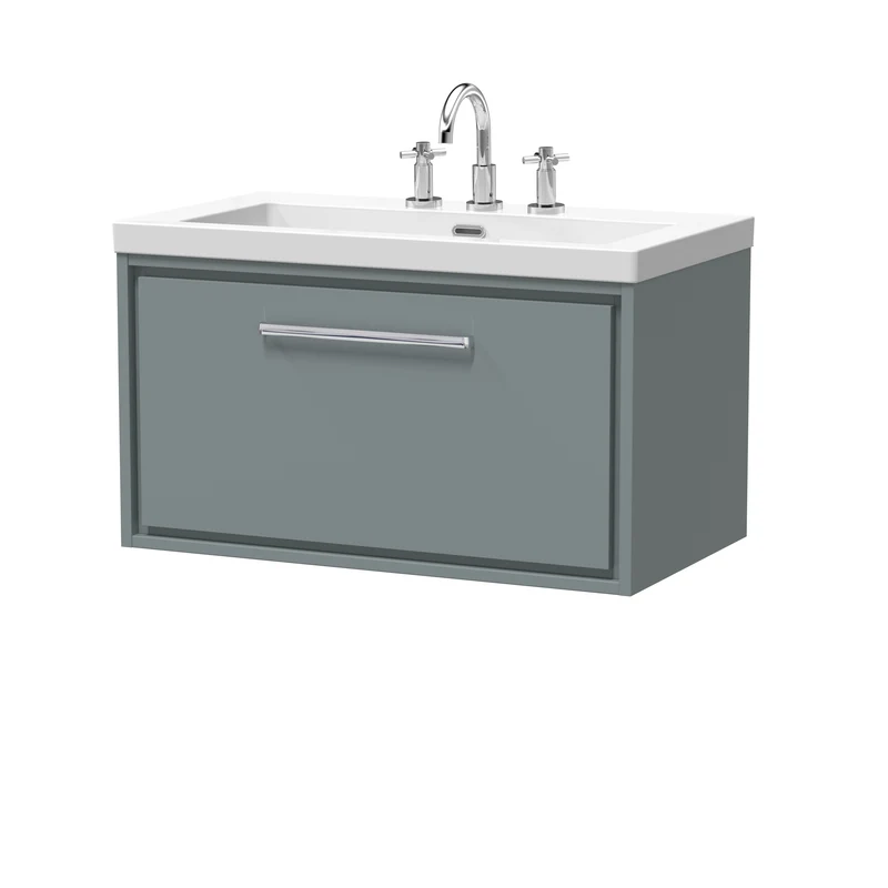 Lille 800mm Wall Hung 1 Drawer Vanity Unit & Modern Fireclay Basin With 3 Tap Holes - Coastal Grey Matt