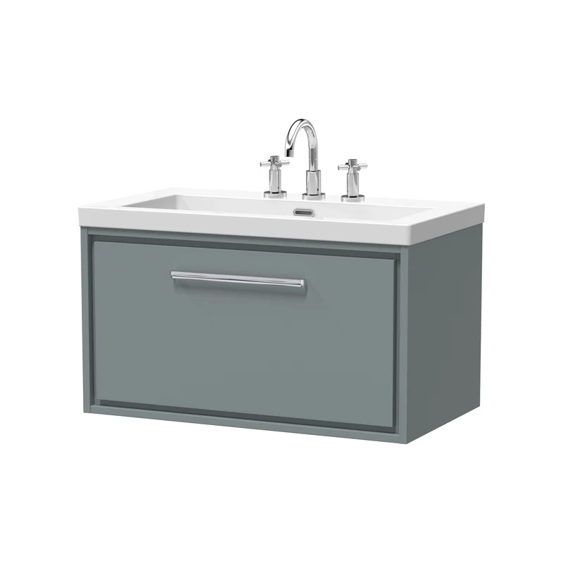 Lille 800mm Wall Hung 1 Drawer Vanity Unit & Modern Fireclay Basin With 3 Tap Holes - Coastal Grey Matt