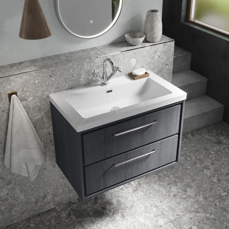 Lille 800mm Wall Hung 2 Drawer Vanity Unit & Modern Fireclay Basin With 1 Tap Hole - Coastal Grey Matt