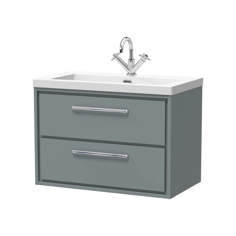 Lille 800mm Wall Hung 2 Drawer Vanity Unit & Modern Fireclay Basin With 1 Tap Hole - Coastal Grey Matt