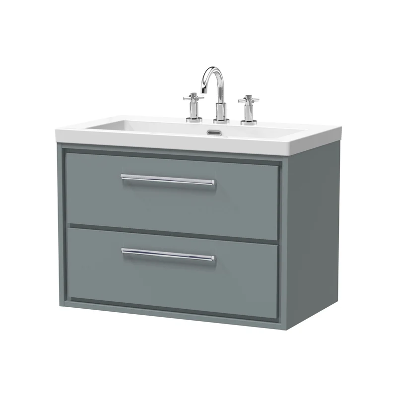 Lille 800mm Wall Hung 2 Drawer Vanity Unit & Modern Fireclay Basin With 3 Tap Holes - Coastal Grey Matt