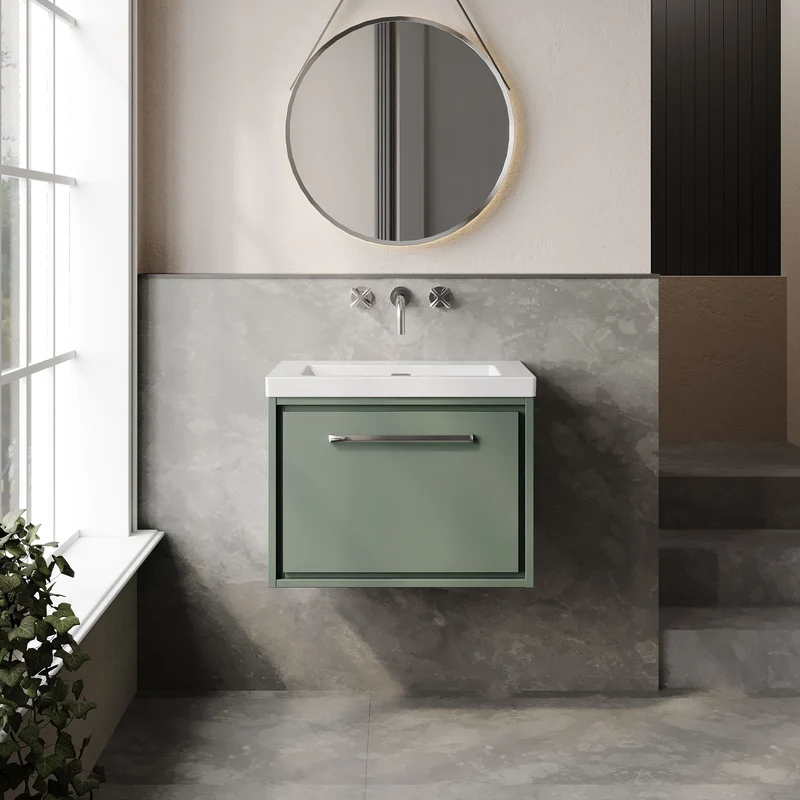 Lille 600mm Wall Hung 1 Drawer Vanity Unit & Modern Fireclay Basin With No Tap Holes - Fern Green Matt