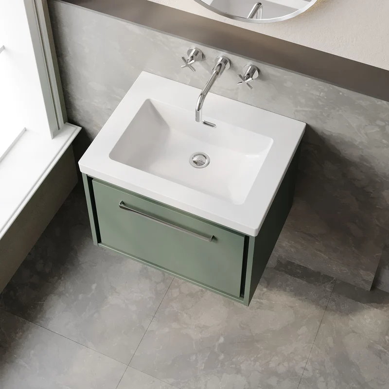 Lille 600mm Wall Hung 1 Drawer Vanity Unit & Modern Fireclay Basin With No Tap Holes - Fern Green Matt
