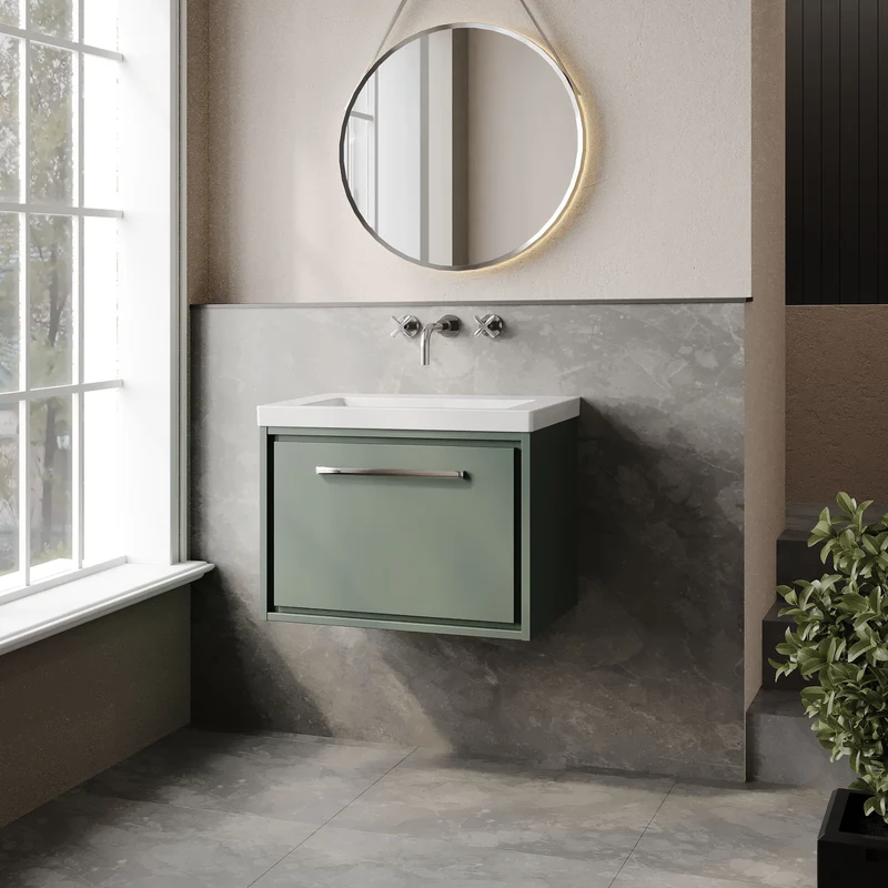 Lille 600mm Wall Hung 1 Drawer Vanity Unit & Modern Fireclay Basin With No Tap Holes - Fern Green Matt