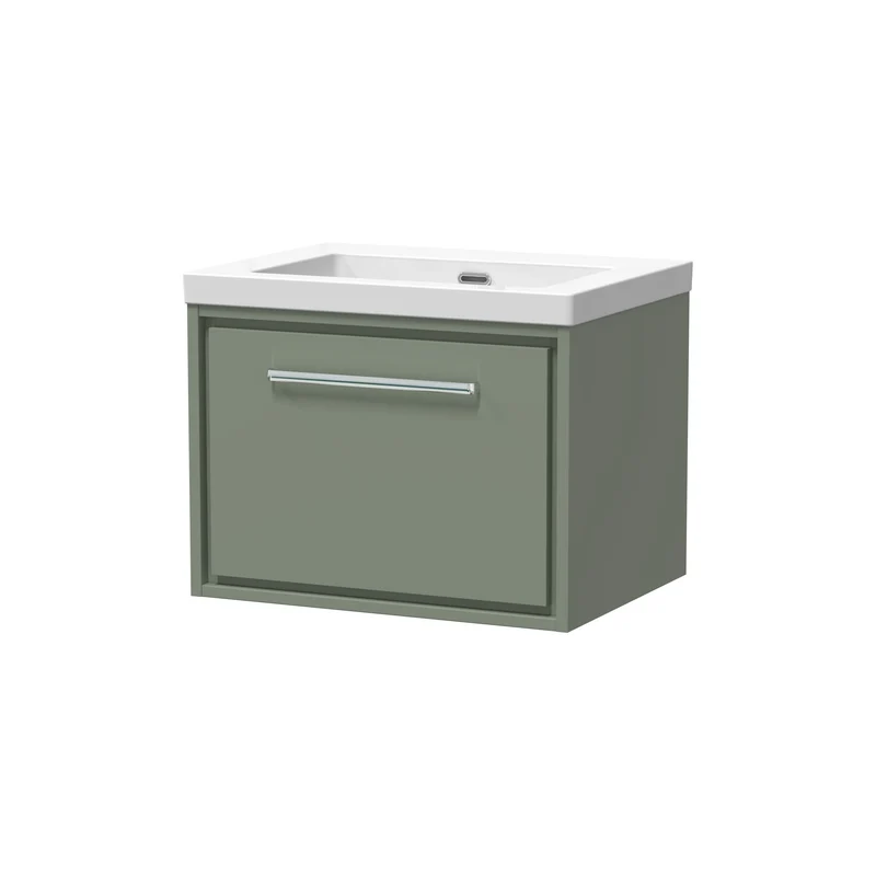 Lille 600mm Wall Hung 1 Drawer Vanity Unit & Modern Fireclay Basin With No Tap Holes - Fern Green Matt