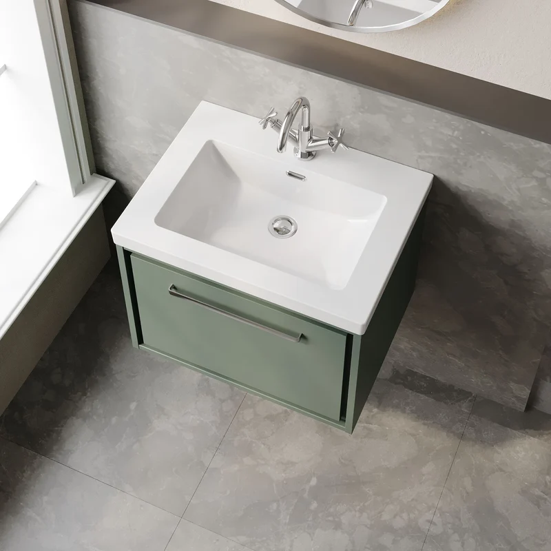 Lille 600mm Wall Hung 1 Drawer Vanity Unit & Modern Fireclay Basin With 1 Tap Hole - Fern Green Matt