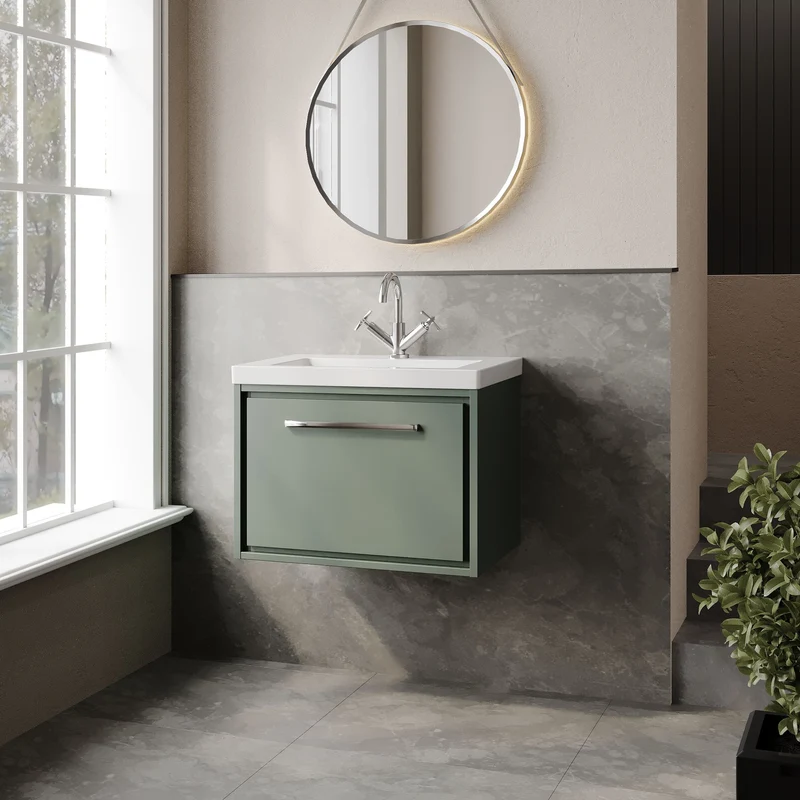 Lille 600mm Wall Hung 1 Drawer Vanity Unit & Modern Fireclay Basin With 1 Tap Hole - Fern Green Matt