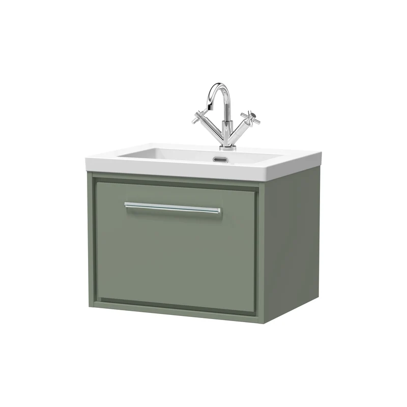 Lille 600mm Wall Hung 1 Drawer Vanity Unit & Modern Fireclay Basin With 1 Tap Hole - Fern Green Matt