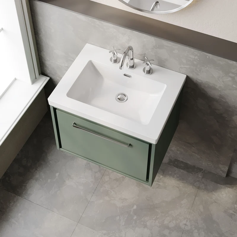 Lille 600mm Wall Hung 1 Drawer Vanity Unit & Modern Fireclay Basin With 3 Tap Holes - Fern Green Matt