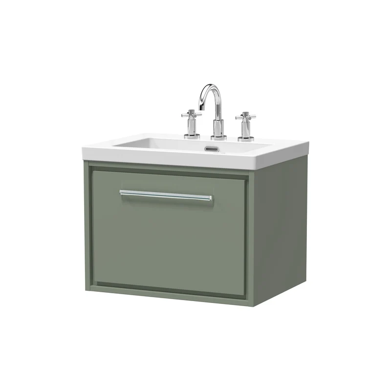 Lille 600mm Wall Hung 1 Drawer Vanity Unit & Modern Fireclay Basin With 3 Tap Holes - Fern Green Matt