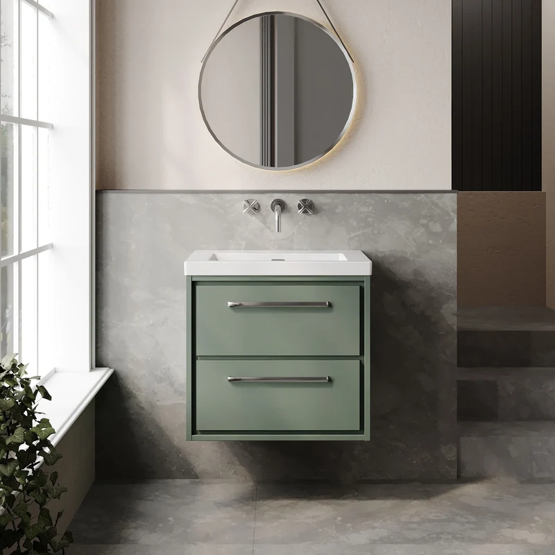 Lille 600mm Wall Hung 2 Drawer Vanity Unit & Modern Fireclay Basin With No Tap Holes - Fern Green Matt