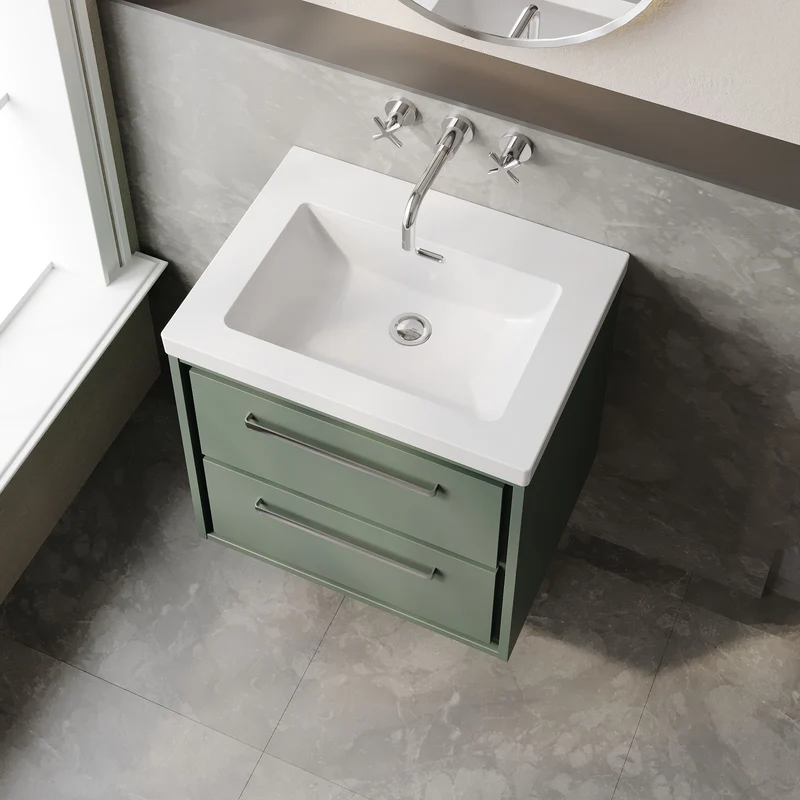 Lille 600mm Wall Hung 2 Drawer Vanity Unit & Modern Fireclay Basin With No Tap Holes - Fern Green Matt