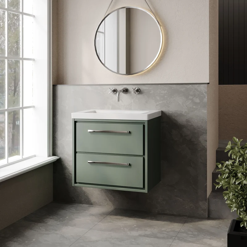 Lille 600mm Wall Hung 2 Drawer Vanity Unit & Modern Fireclay Basin With No Tap Holes - Fern Green Matt