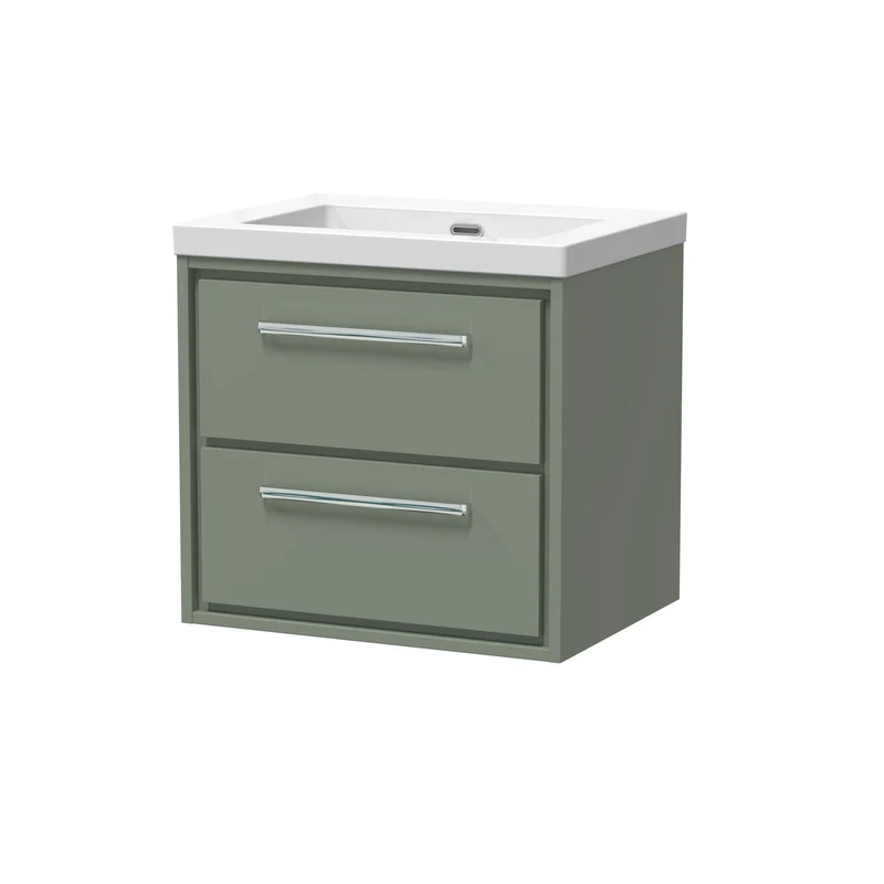 Lille 600mm Wall Hung 2 Drawer Vanity Unit & Modern Fireclay Basin With No Tap Holes - Fern Green Matt