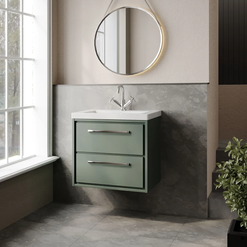 Lille 600mm Wall Hung 2 Drawer Vanity Unit & Modern Fireclay Basin With 1 Tap Hole - Fern Green Matt