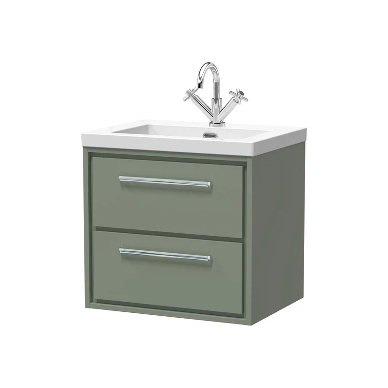 Lille 600mm Wall Hung 2 Drawer Vanity Unit & Modern Fireclay Basin With 1 Tap Hole - Fern Green Matt